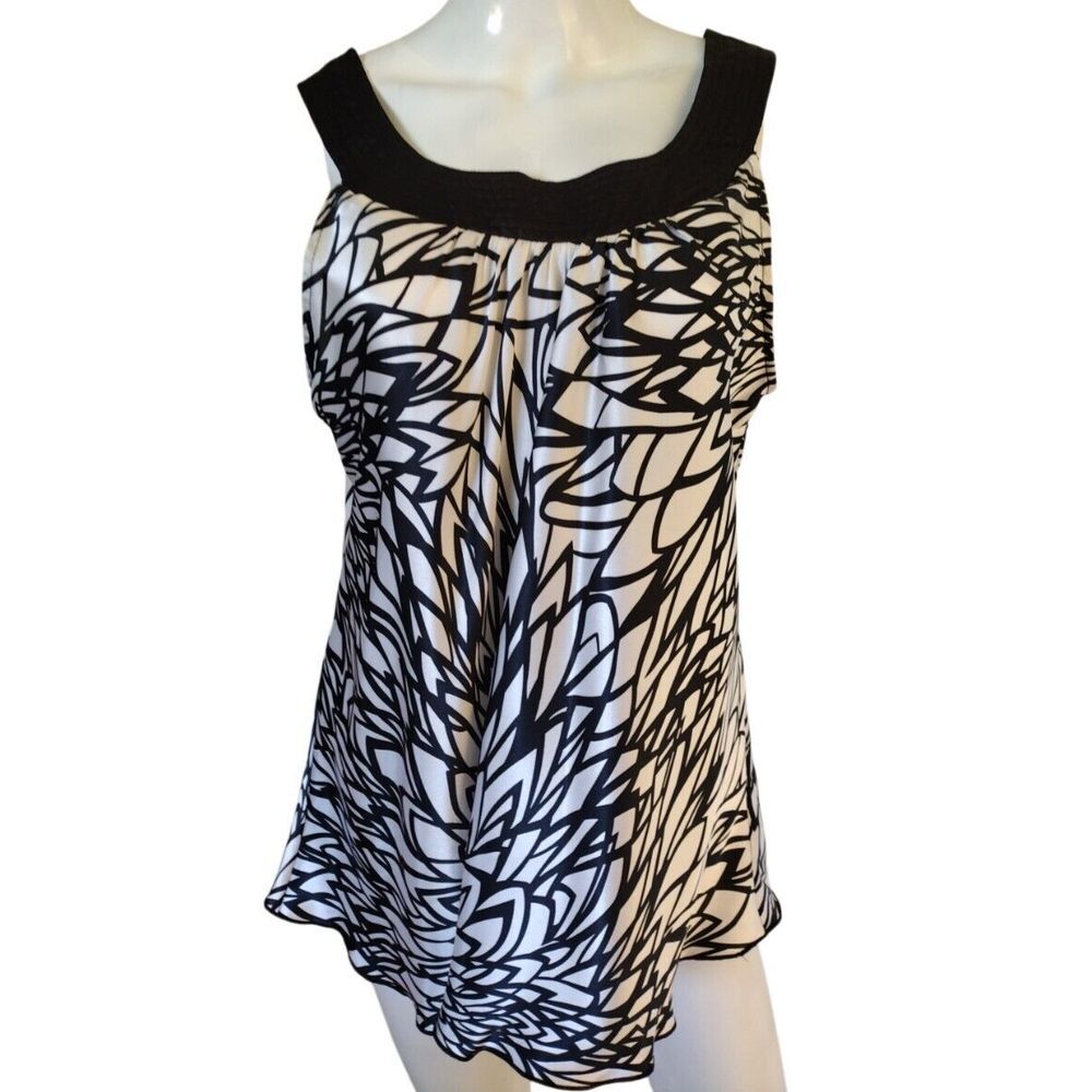 AB Studio Blouse Women XL Black White Geometric Satin Sleeveless Office Party